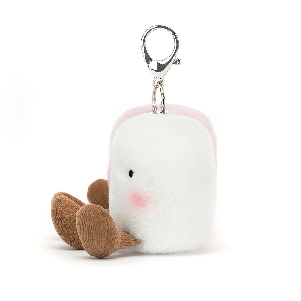 Amuseables Pair of Marshmallows Bag Charm side view featuring the silver clip, profile of the white marshmallows blushing cheeks & boots.