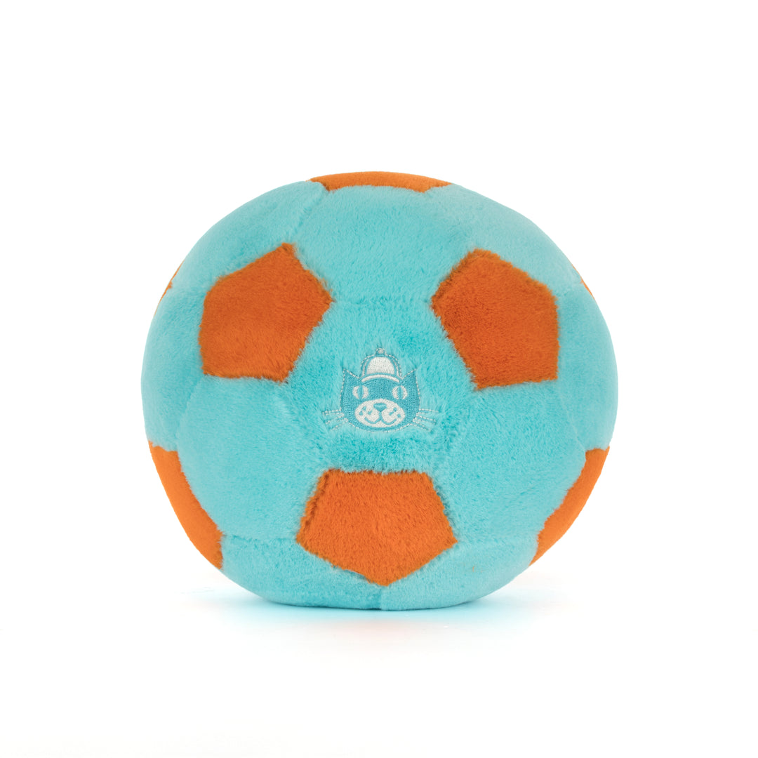Plush toy turquoise & orange soccer ball with a jellycat logo stitched on back of ball  on a white background 