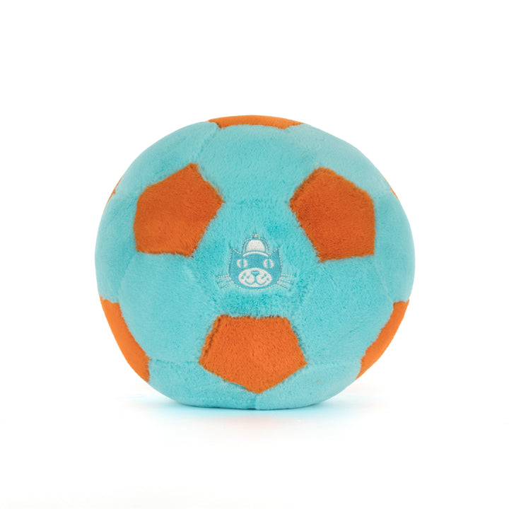 Plush toy turquoise & orange soccer ball with a jellycat logo stitched on back of ball  on a white background 