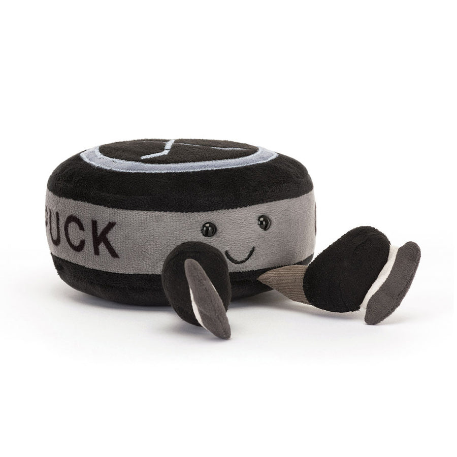 Soft plush black and gray hockey puck with smiling face and tiny skates, Amuseables Sports Ice Hockey Puck