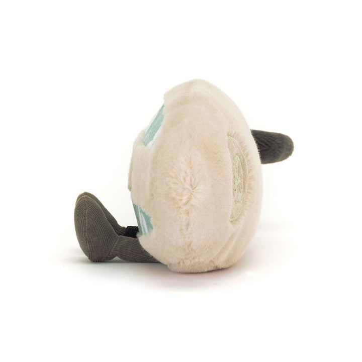 Jellycat Amuseables Sports Surfboard showing its slender profile and slightly curved shape. Also shows detail of boots and fin. 