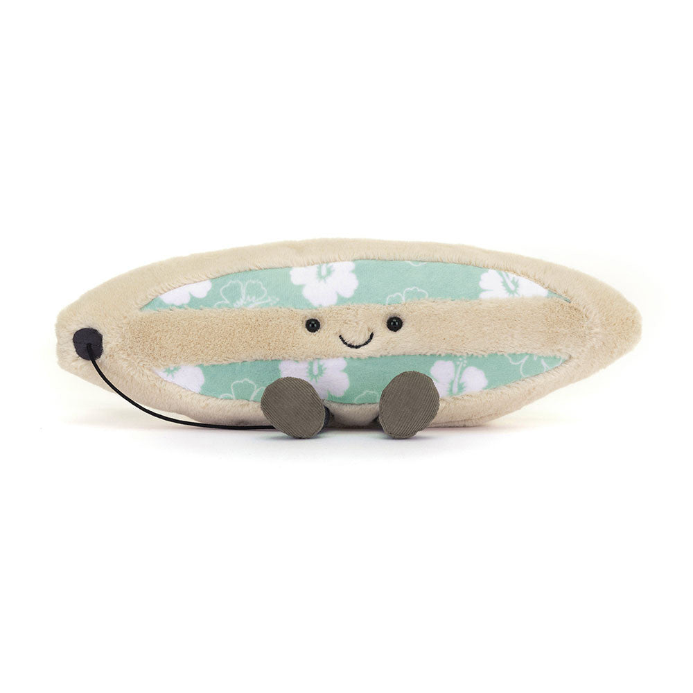 Front view of the Jellycat Amuseables Sports Surfboard's embroidered smiling face with black eyes and board leash . 