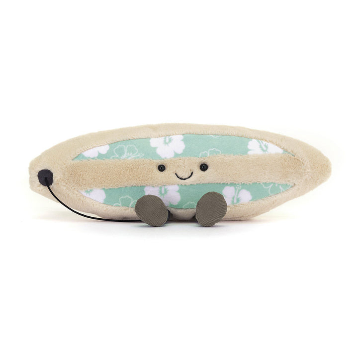 Front view of the Jellycat Amuseables Sports Surfboard's embroidered smiling face with black eyes and board leash . 