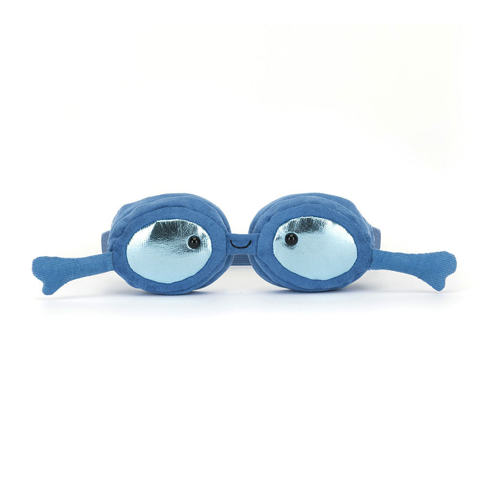 Amuseables Sports Swimming Goggles
feature shiny lenses, hard black eye, quirky smile and swimming arms are ready for the pool. 
*this is a stuffed toy not actually suitable for the pool