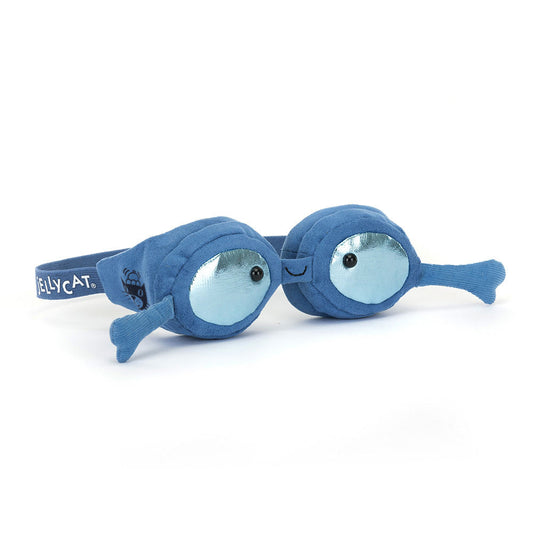 Jellycat Amuseable Goggles, blue plush toy shaped like swim goggles with shiny silver centers, on a white background.

