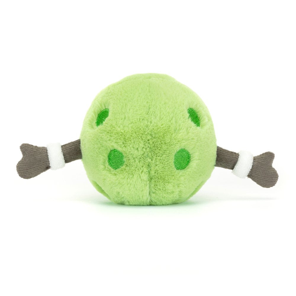 Amuseables Sports Pickleball back view shows off the embroidered "pickle" spots contrasting the lighter green fur. Grey corduroy arms out wide showing of white sweatbands.