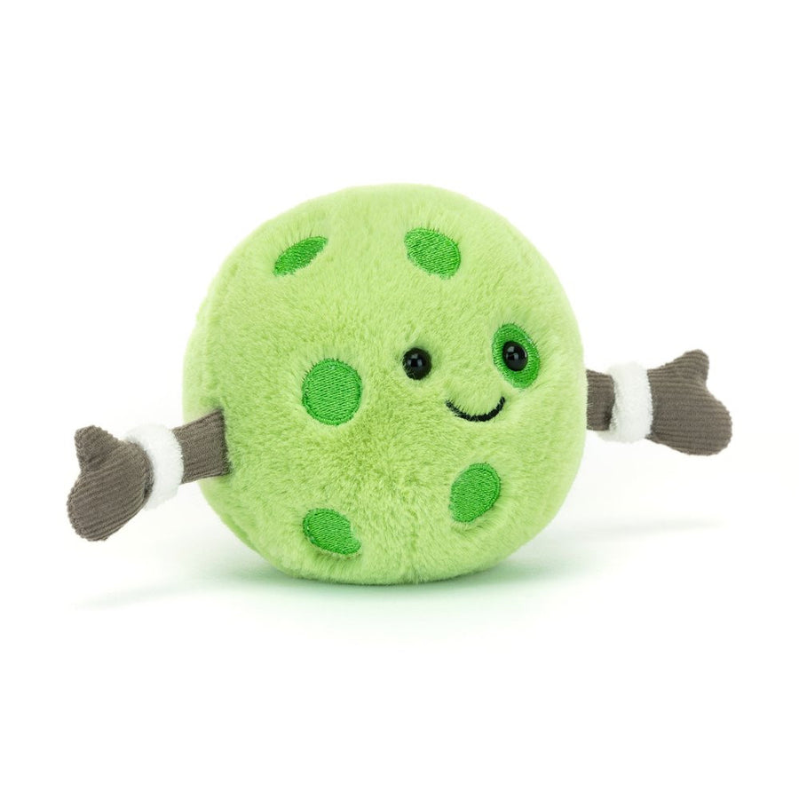 Amuseables Sports Pickleball - A perky green go-getter who is constantly ready for a game (or two)! This fuzzy green ball has embroidery "pickle" spots, corduroy arms, each sporting white sweat bands and a smiling face. 