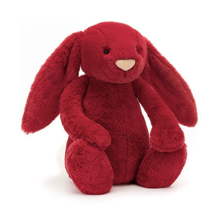 "Jellycat Bashful Luxe Bunny Scarlett plush in deep red with floppy ears"