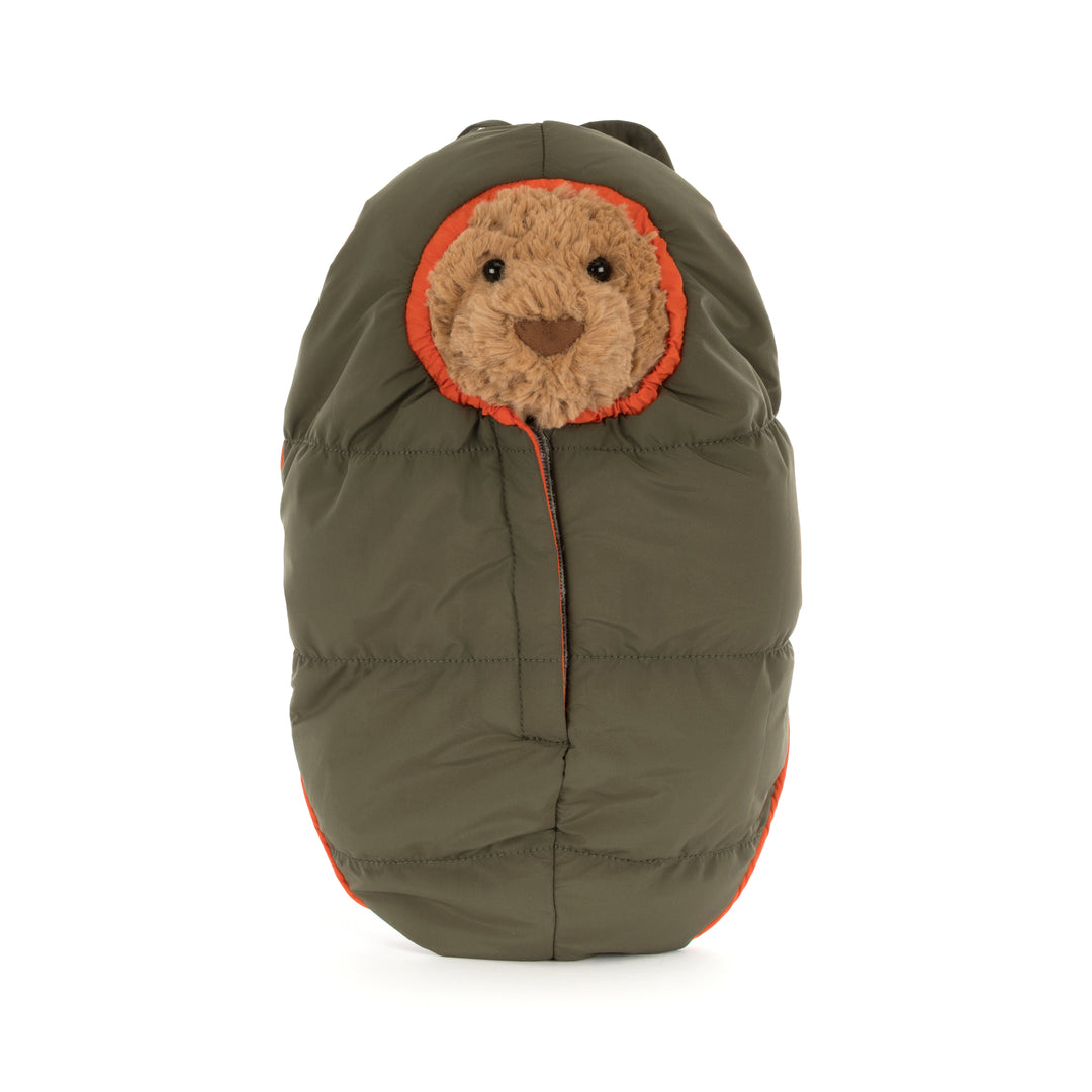 Jellycat Bartholomew Bear Hiking Outfit plush in army green sleeping bag.