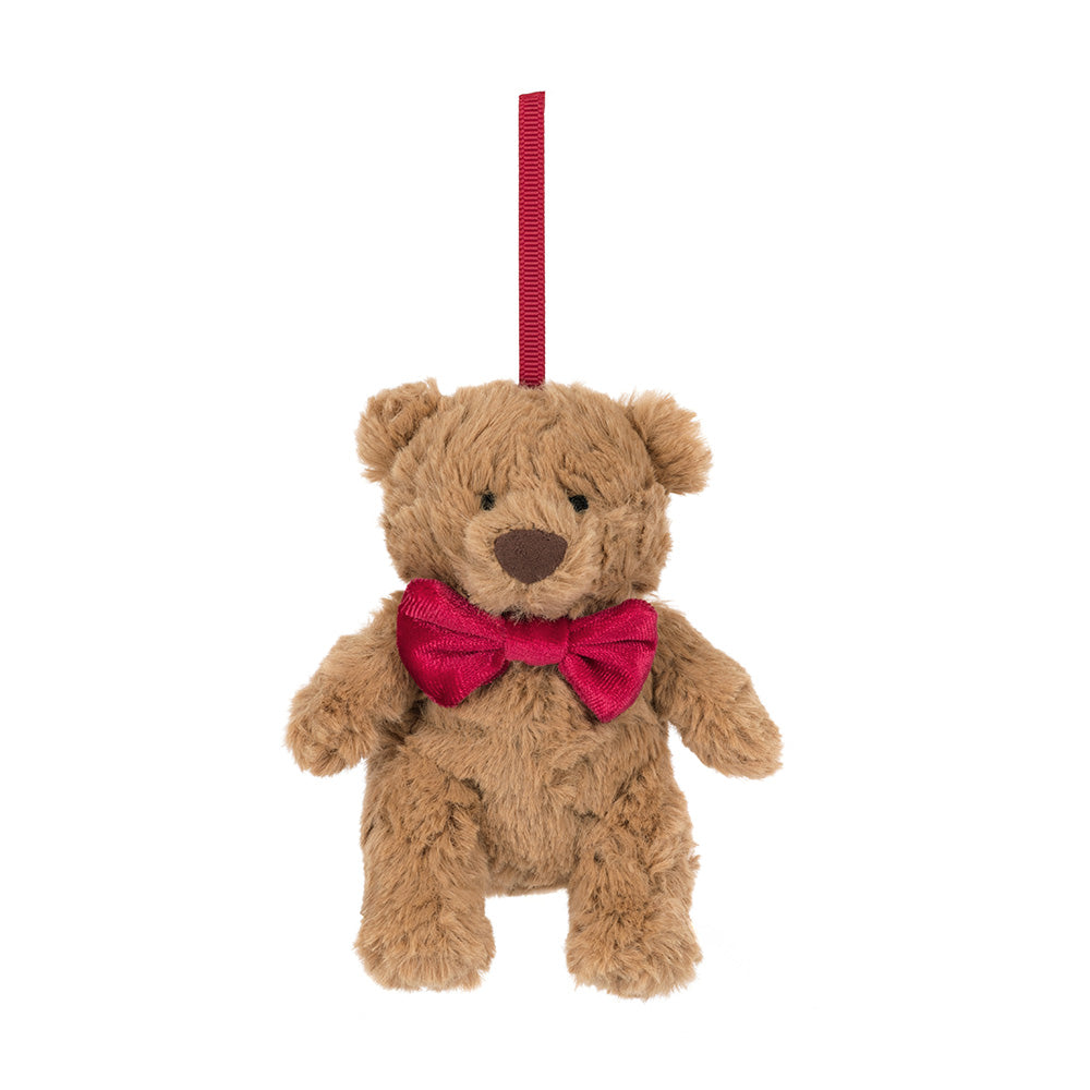 "Jellycat Bartholomew Bear Tree Decoration with red bow and hanging ribbon"