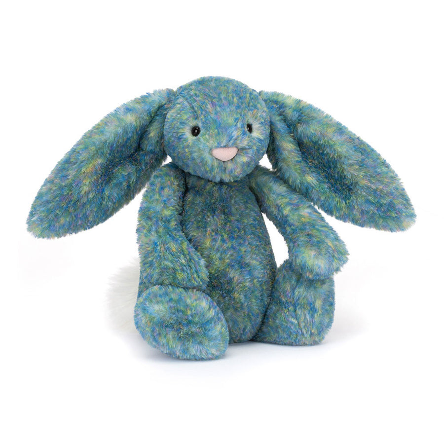 Bashful Luxe Bunny Azure has dreamy fur in pink, green and blue. With long folded ears and soft chunky paws, as well as a scrumptious cream bobtail makes this colorful bunny a soft and sweet masterpiece!