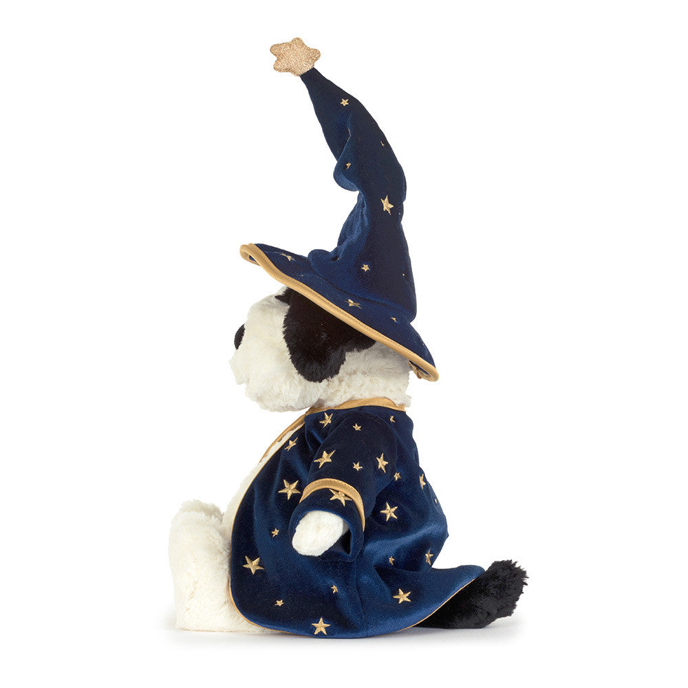 Jellycat Rufferty Puppy Wizard black and cream plush dog wearing blue starry wizard hat and cape with gold trim
