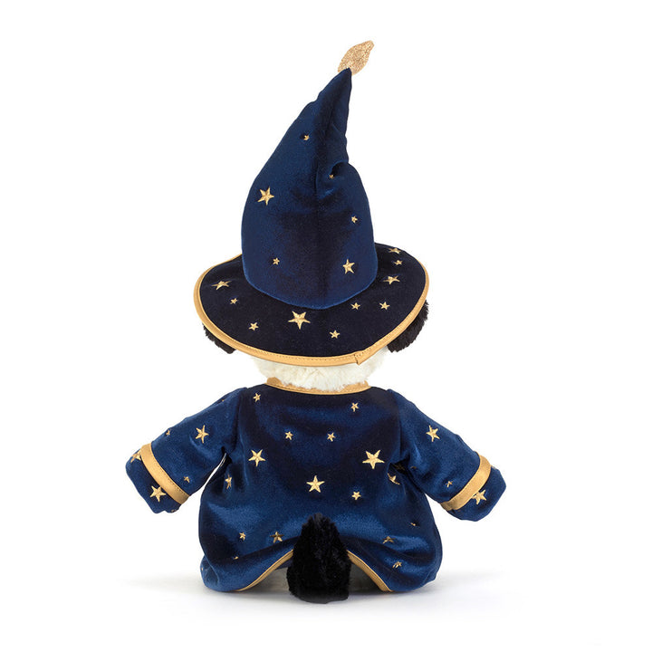 Jellycat Rufferty Puppy Wizard black and cream plush dog wearing blue starry wizard hat and cape with gold trim