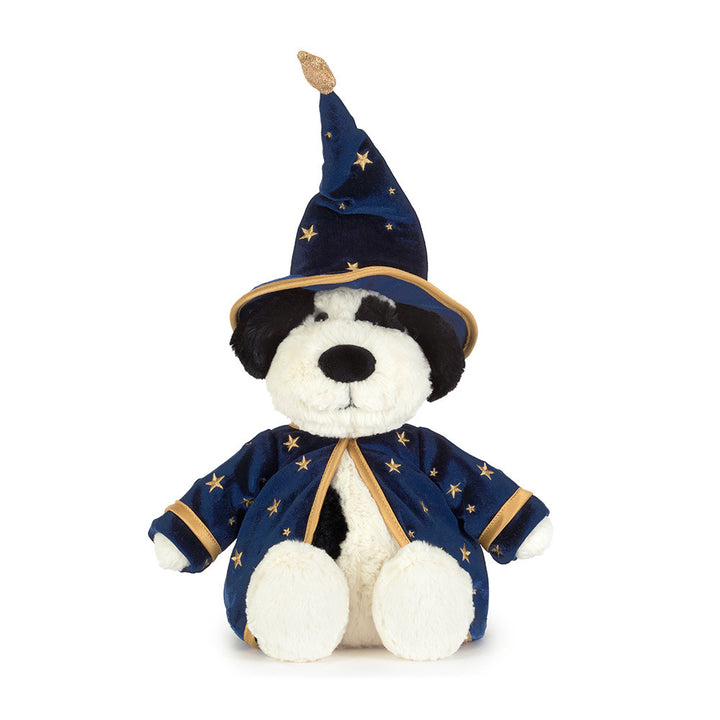 Jellycat Rufferty Puppy Wizard black and cream plush dog wearing blue starry wizard hat and cape with gold trim