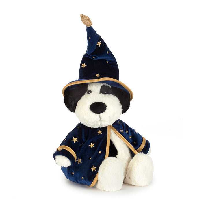 Jellycat Rufferty Puppy Wizard black and cream plush dog wearing blue starry wizard hat and cape with gold trim