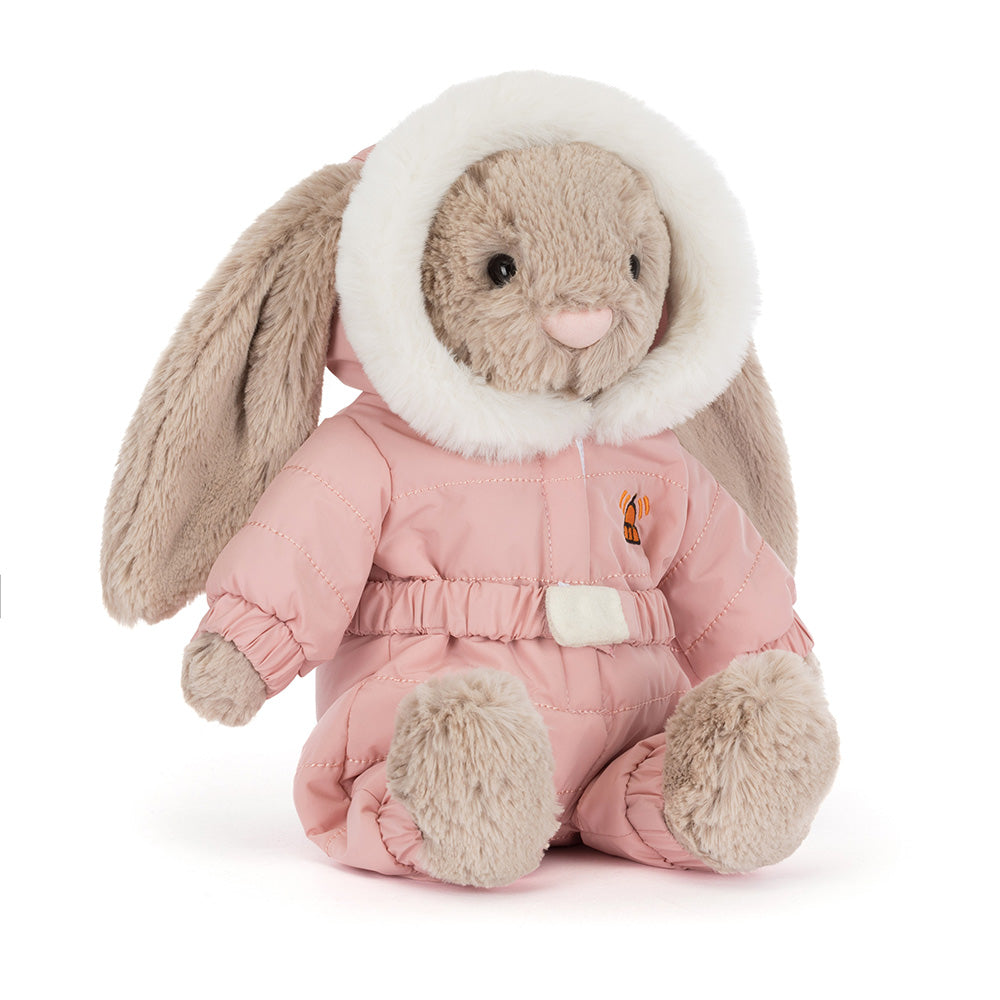 "Jellycat Bashful Bunny Snow Suit plush in pink snowsuit with fur hood"