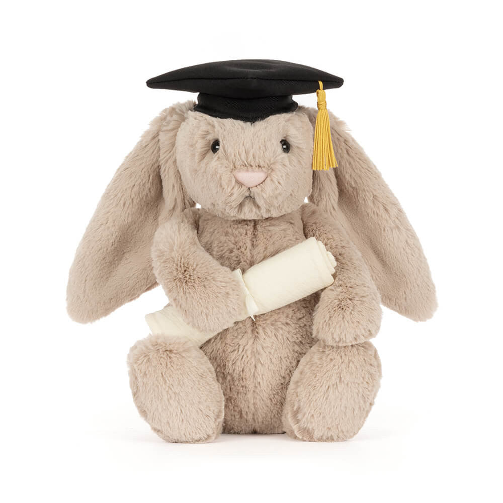 Soft plush bunny wearing graduation cap and holding a diploma