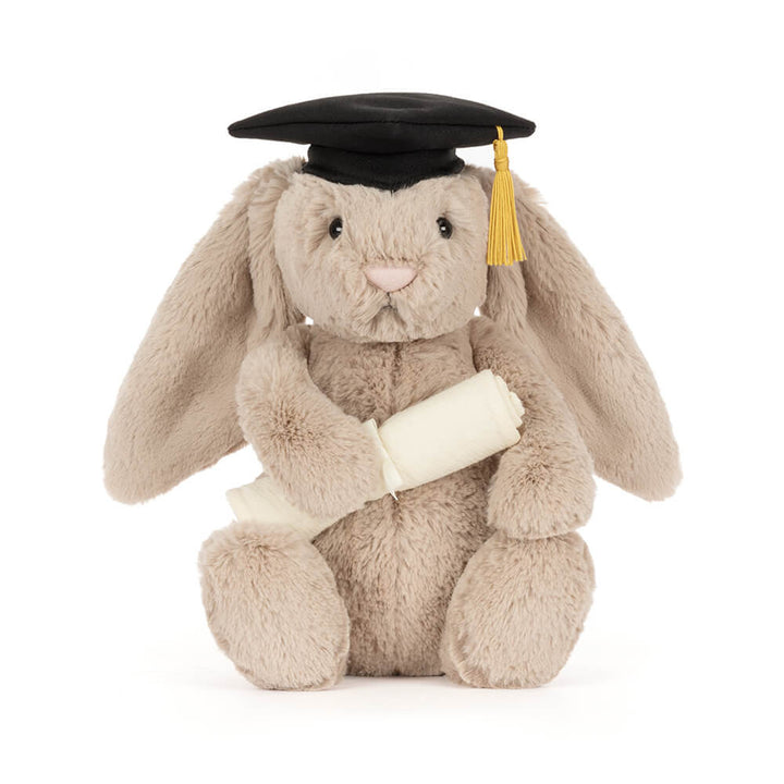 Soft plush bunny wearing graduation cap and holding a diploma