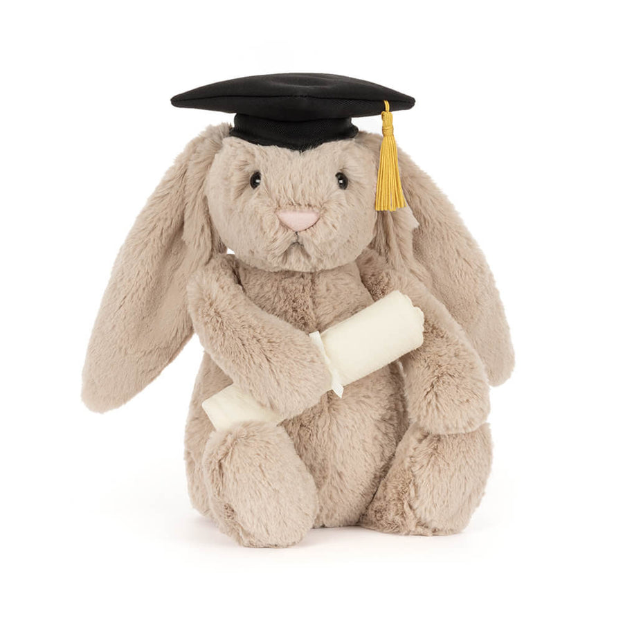 Soft plush bunny wearing graduation cap and holding a diploma