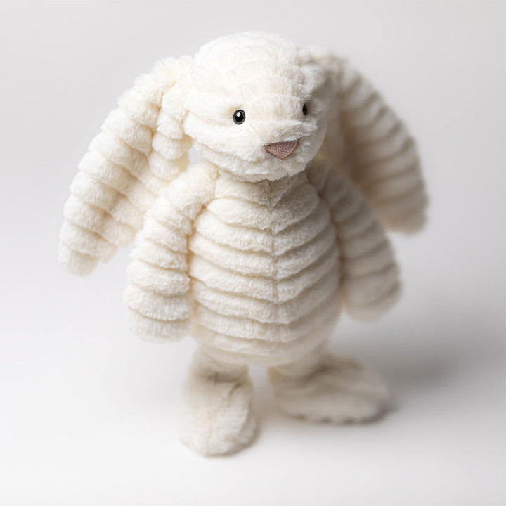 Jellycat Bashful Luxe Bunny Nimbus in soft white with long floppy ears & pink nose. Standing view shown