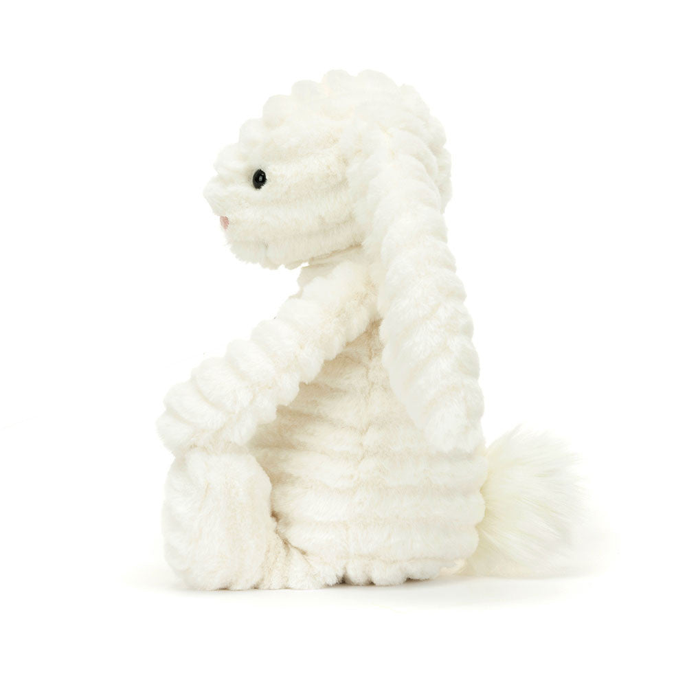 Jellycat Bashful Luxe Bunny Nimbus in soft white with long floppy ears & pink nose. Side view shown