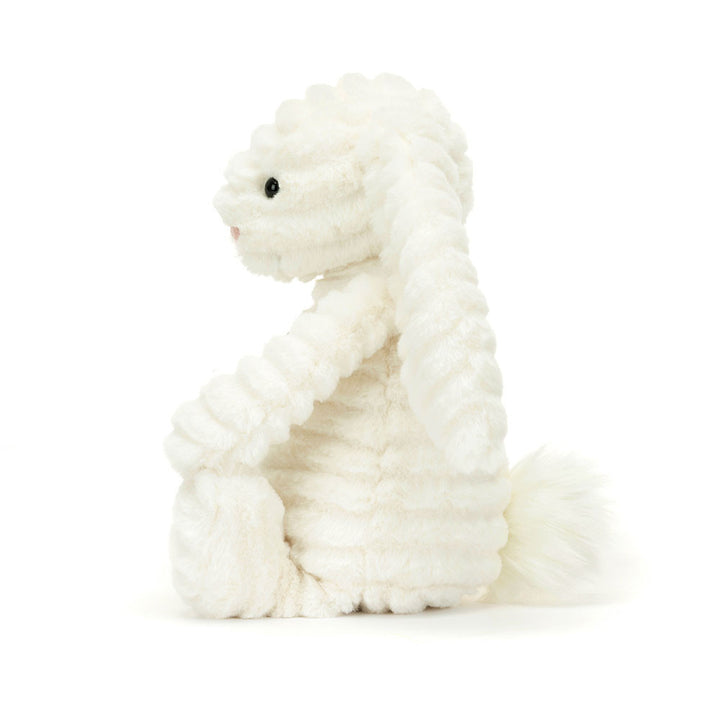 Jellycat Bashful Luxe Bunny Nimbus in soft white with long floppy ears & pink nose. Side view shown