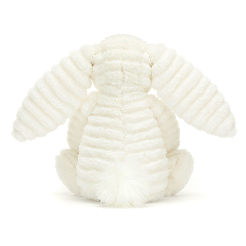 Jellycat Bashful Luxe Bunny Nimbus in soft white with long floppy ears & pink nose. Rear view shown