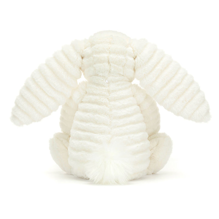 Jellycat Bashful Luxe Bunny Nimbus in soft white with long floppy ears & pink nose. Rear view shown