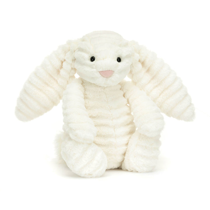 Jellycat Bashful Luxe Bunny Nimbus in soft white with long floppy ears & pink nose. Shown Sitting