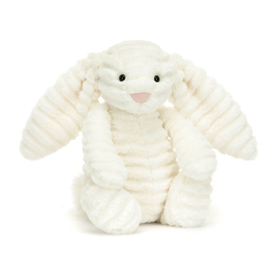 Jellycat Bashful Luxe Bunny Nimbus in soft white with long floppy ears & pink nose. Shown Sitting