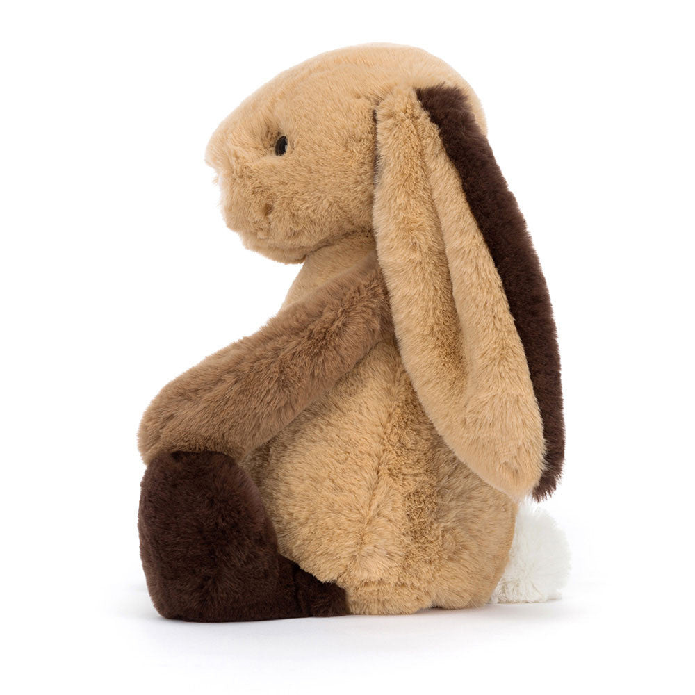 Bashful Patchwork Brown Bunny plush with soft brown patchwork fur, floppy ears, and a gentle stitched face on a white background