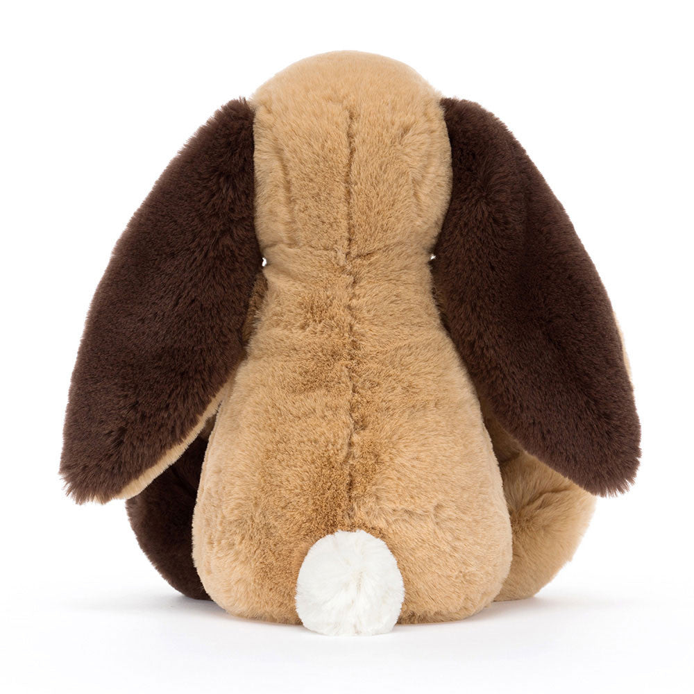 Bashful Patchwork Brown Bunny plush with soft brown patchwork fur, floppy ears, and a gentle stitched face on a white background