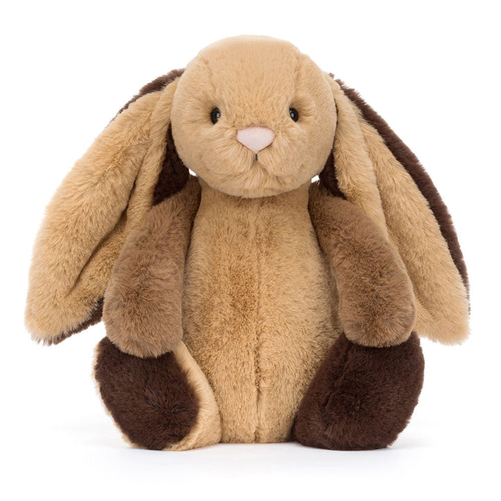 Bashful Patchwork Brown Bunny plush with soft brown patchwork fur, floppy ears, and a gentle stitched face on a white background