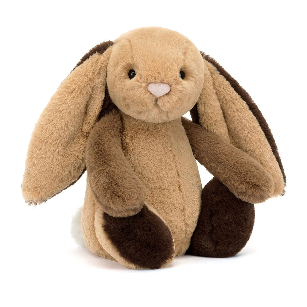 Bashful Patchwork Brown Bunny plush with soft brown patchwork fur, floppy ears, and a gentle stitched face on a white background