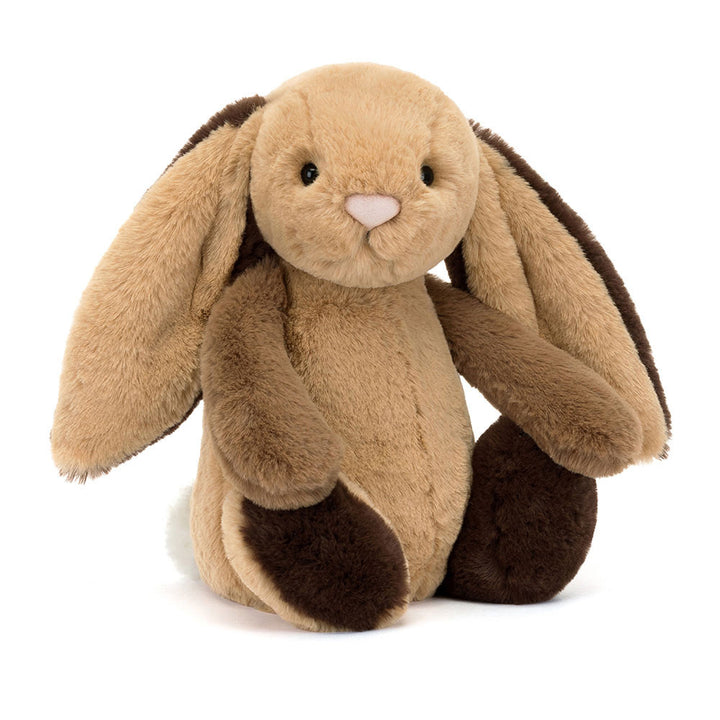 Bashful Patchwork Brown Bunny plush with soft brown patchwork fur, floppy ears, and a gentle stitched face on a white background