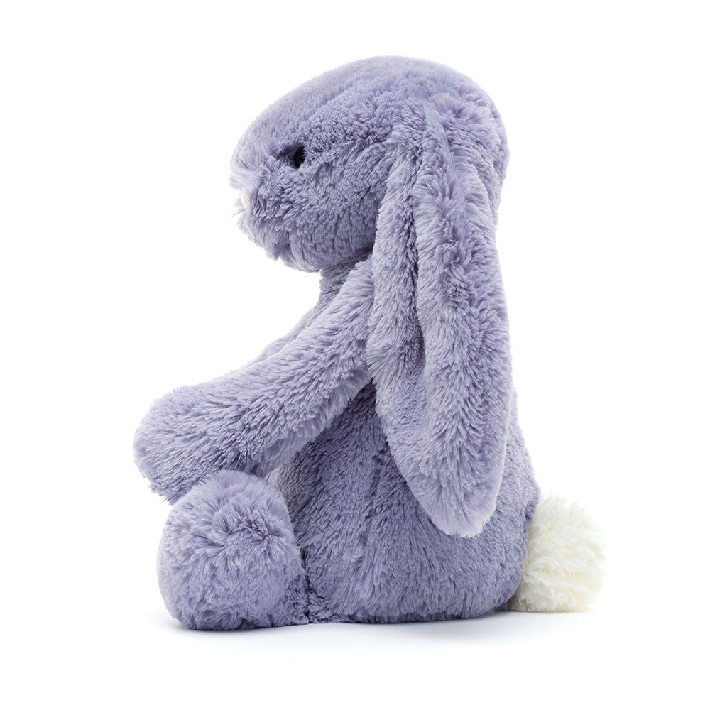 soft lavender bunny plush with floppy ears, pink nose, and cuddly fur sitting upright on a white background