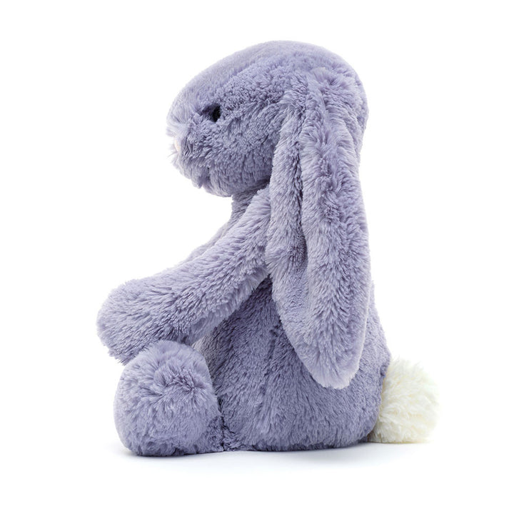 soft lavender bunny plush with floppy ears, pink nose, and cuddly fur sitting upright on a white background