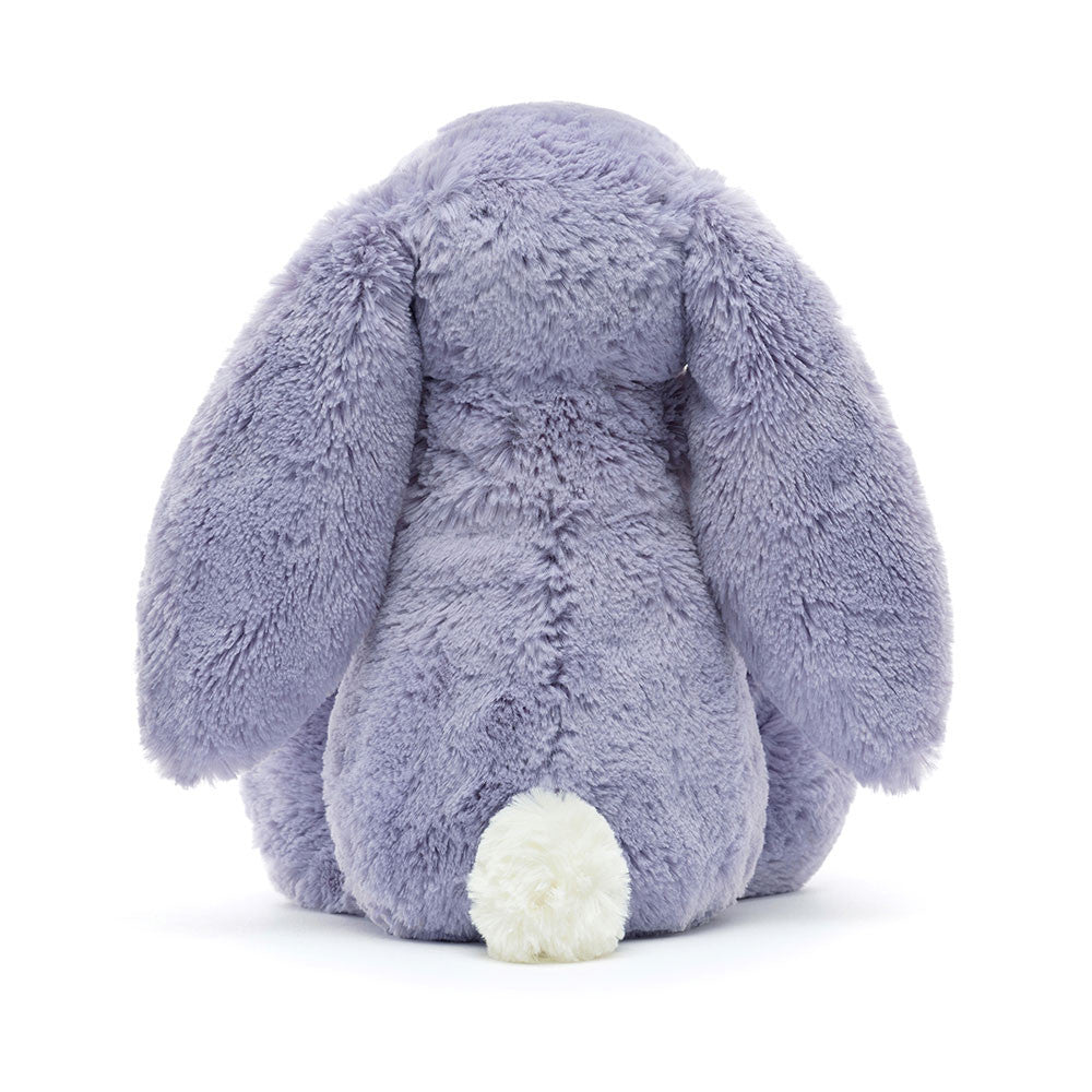 soft lavender bunny plush with floppy ears, pink nose, and cuddly fur sitting upright on a white background