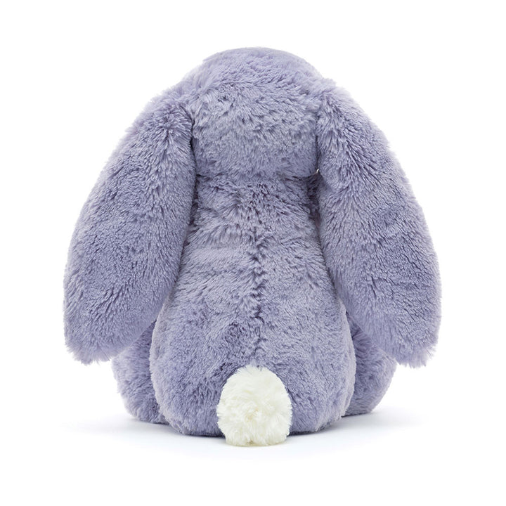 soft lavender bunny plush with floppy ears, pink nose, and cuddly fur sitting upright on a white background