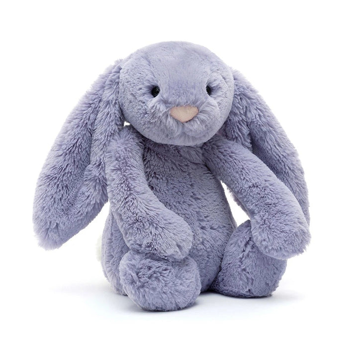 soft lavender bunny plush with floppy ears, pink nose, and cuddly fur sitting upright on a white background