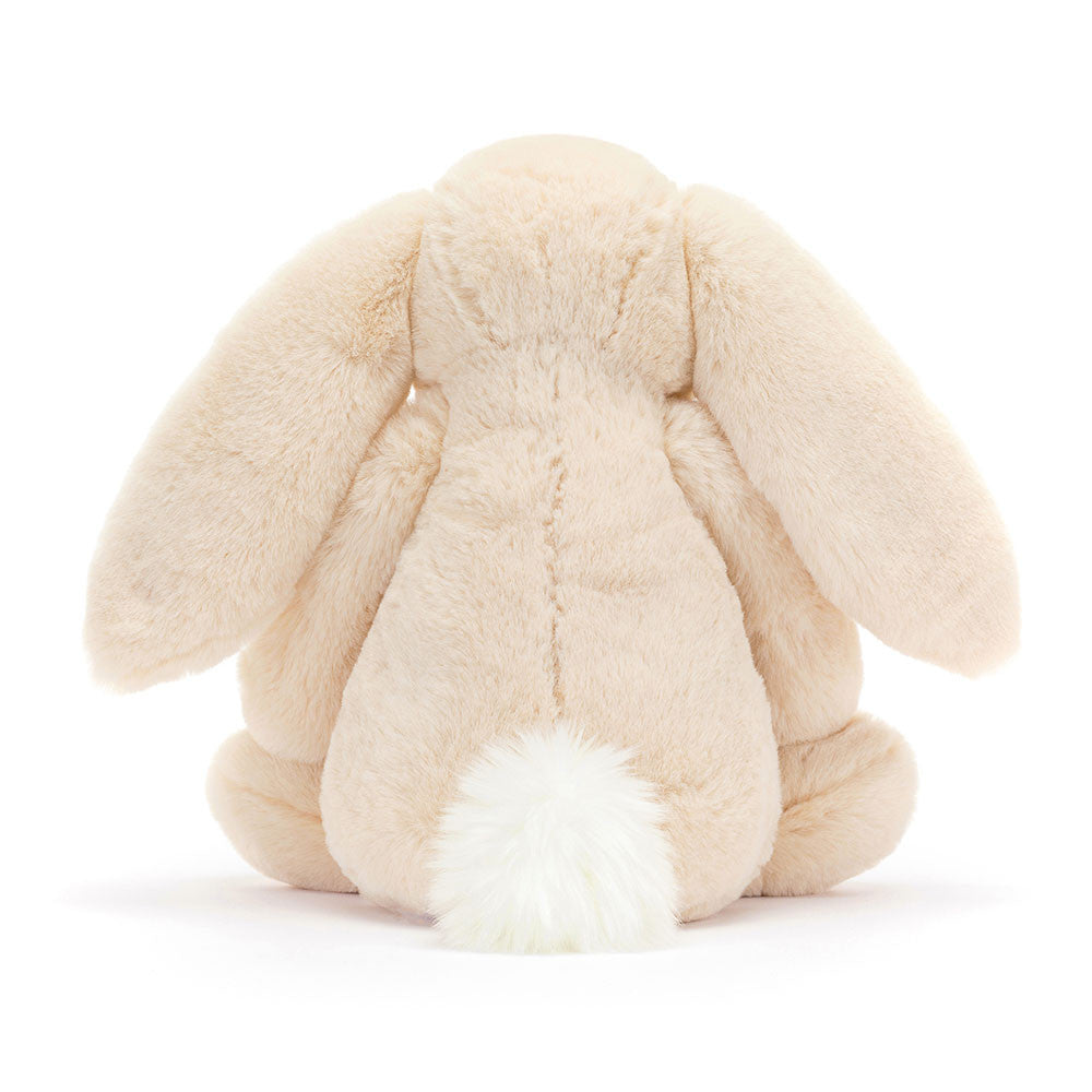 Back of Jellycat Bashful Luxe Bunny Willow golden beige plush bunny with long floppy ears and soft paws & fluffy tail
