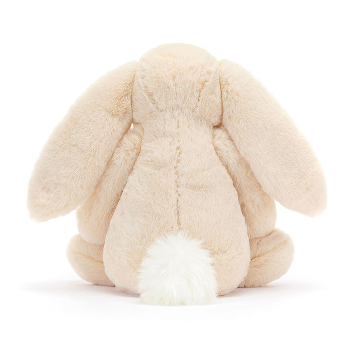 Back of Jellycat Bashful Luxe Bunny Willow golden beige plush bunny with long floppy ears and soft paws & fluffy tail