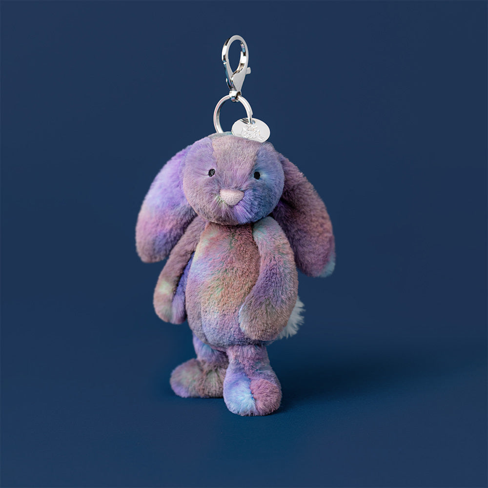 Jellycat Zodihop Luxe Bunny Bag Charm with multicolor lavender purple blush and aqua fur and silver metal clip