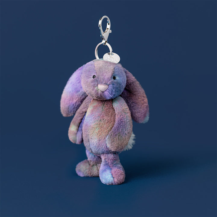 Jellycat Zodihop Luxe Bunny Bag Charm with multicolor lavender purple blush and aqua fur and silver metal clip