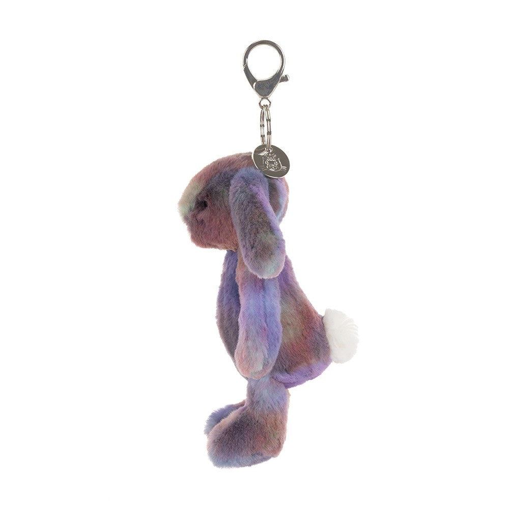 Jellycat Zodihop Luxe Bunny Bag Charm with multicolor lavender purple blush and aqua fur and silver metal clip
