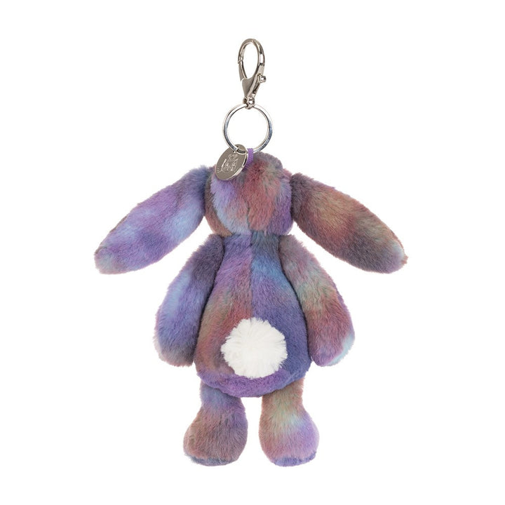 Jellycat Zodihop Luxe Bunny Bag Charm with multicolor lavender purple blush and aqua fur and silver metal clip