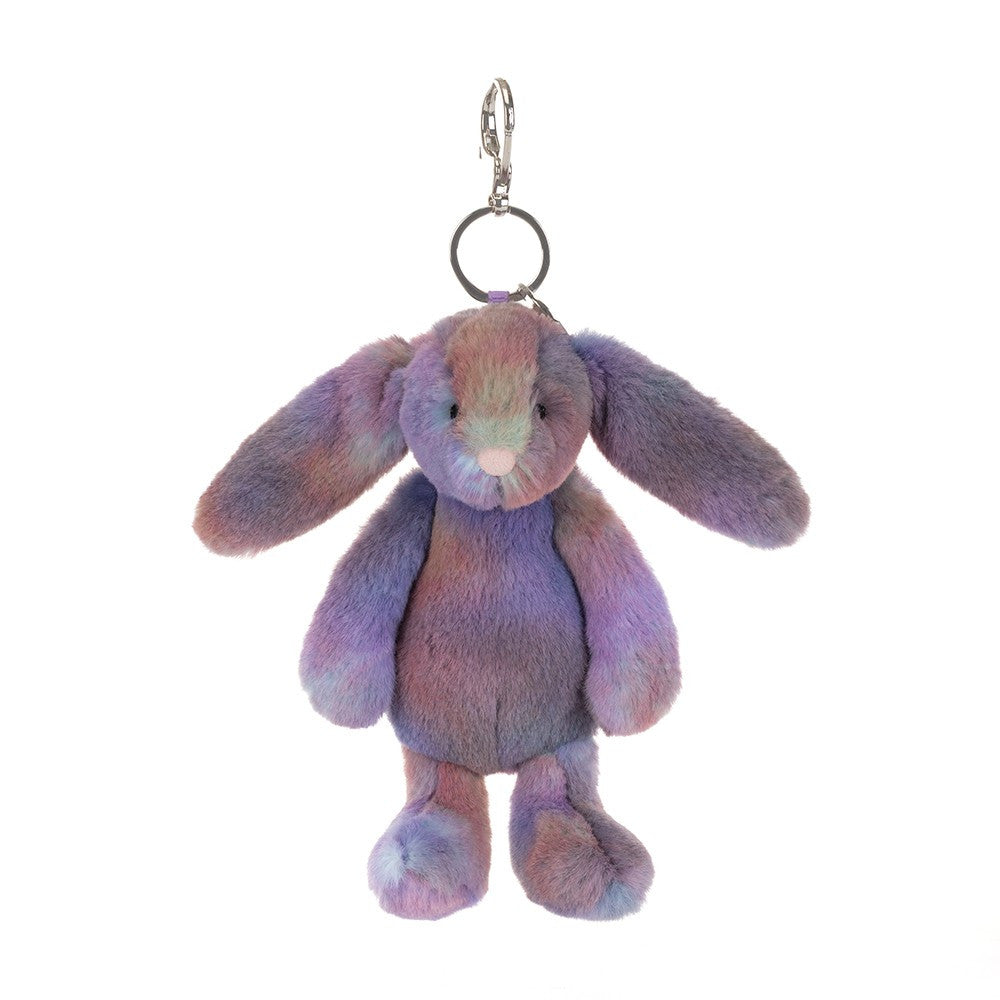 Jellycat Zodihop Luxe Bunny Bag Charm with multicolor lavender purple blush and aqua fur and silver metal clip