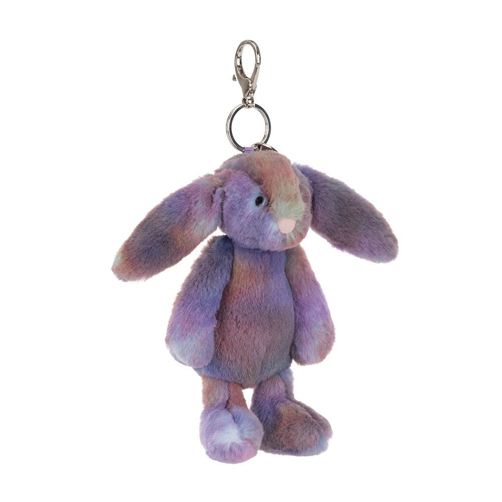 Jellycat Zodihop Luxe Bunny Bag Charm with multicolor lavender purple blush and aqua fur and silver metal clip