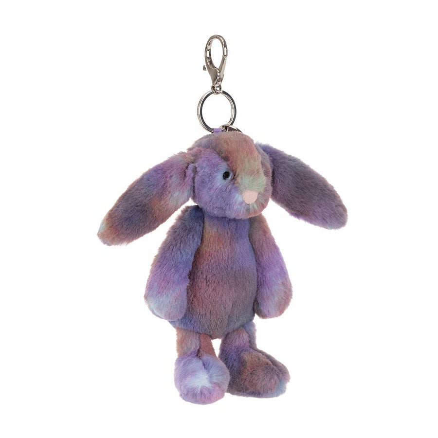 Jellycat Zodihop Luxe Bunny Bag Charm with multicolor lavender purple blush and aqua fur and silver metal clip