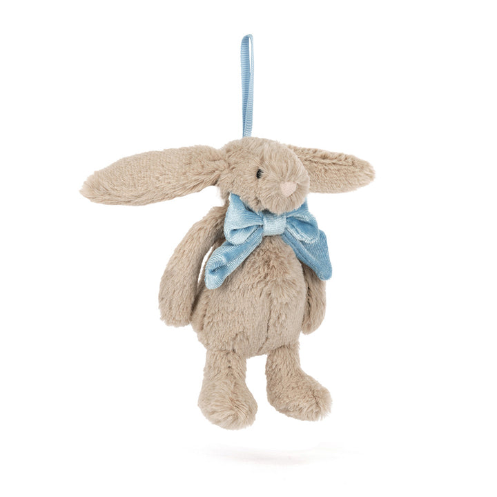 Soft beige bunny hanging ornament with blue bow and long ears, Bashful Beige Bunny Decoration